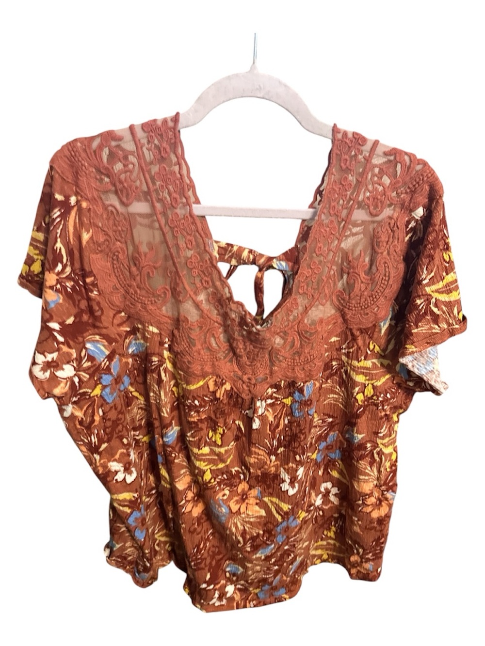 Cato Brown Floral Lace-Trim V-Neck Blouse with Blue & Yellow Accents ties 22/24